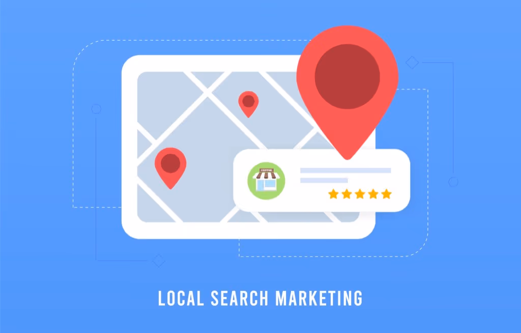 Local search marketing illustration with map pins, five-star rating, and business listing card