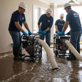 Restoration crew operating industrial water pumps to extract standing water from a flooded room