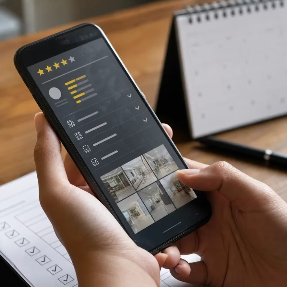 Hands holding a phone showing star ratings, profile details, and business photos