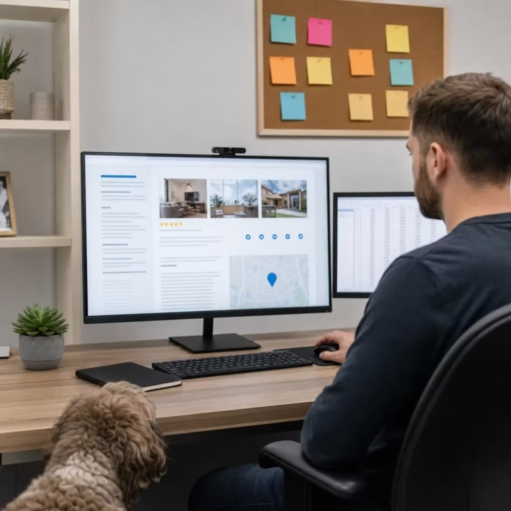 Business owner at a desk reviewing listing photos and a map pin on a large monitor
