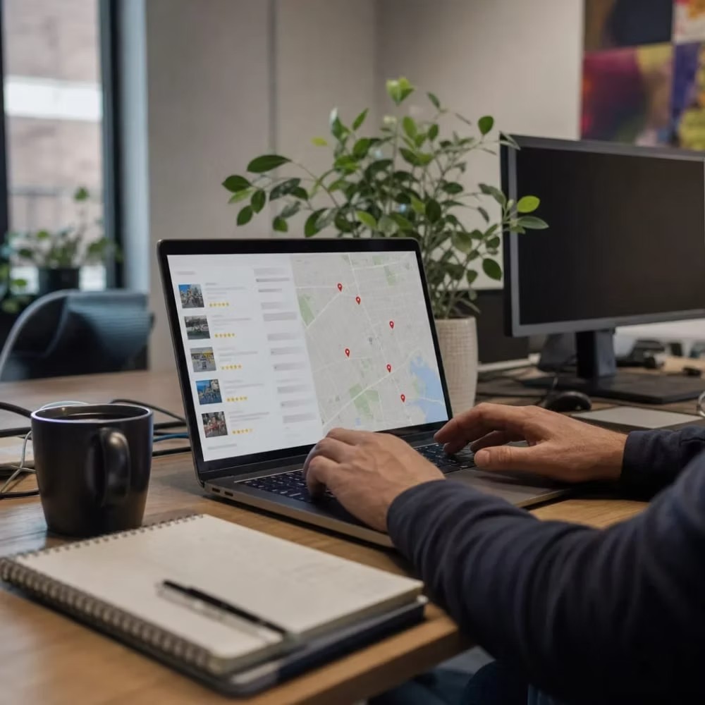 Person at a laptop reviewing a city map covered with business location pins