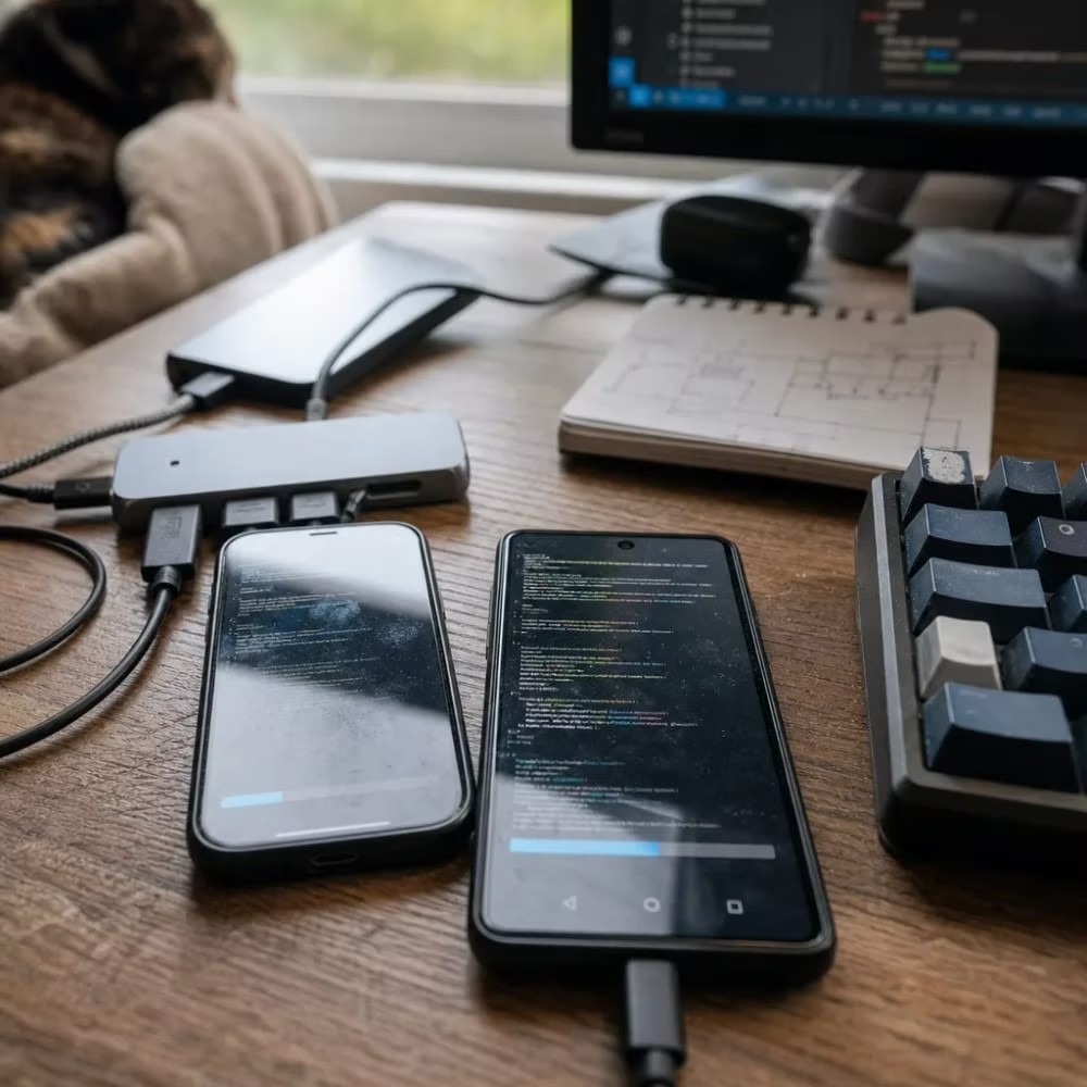 Two phones on a wooden desk beside a USB hub, sketched notebook, and keyboard, one screen showing app code