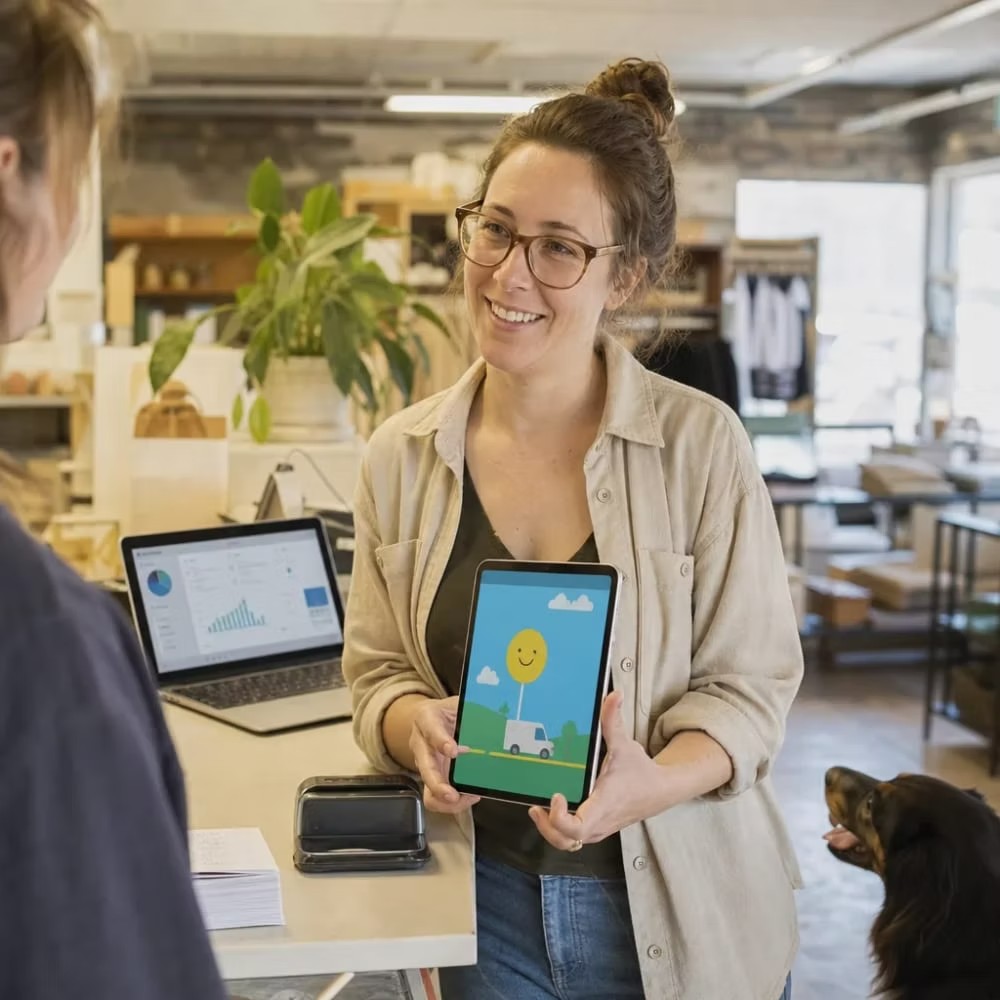 A business owner holding a tablet that shows a simple illustrated mobile app