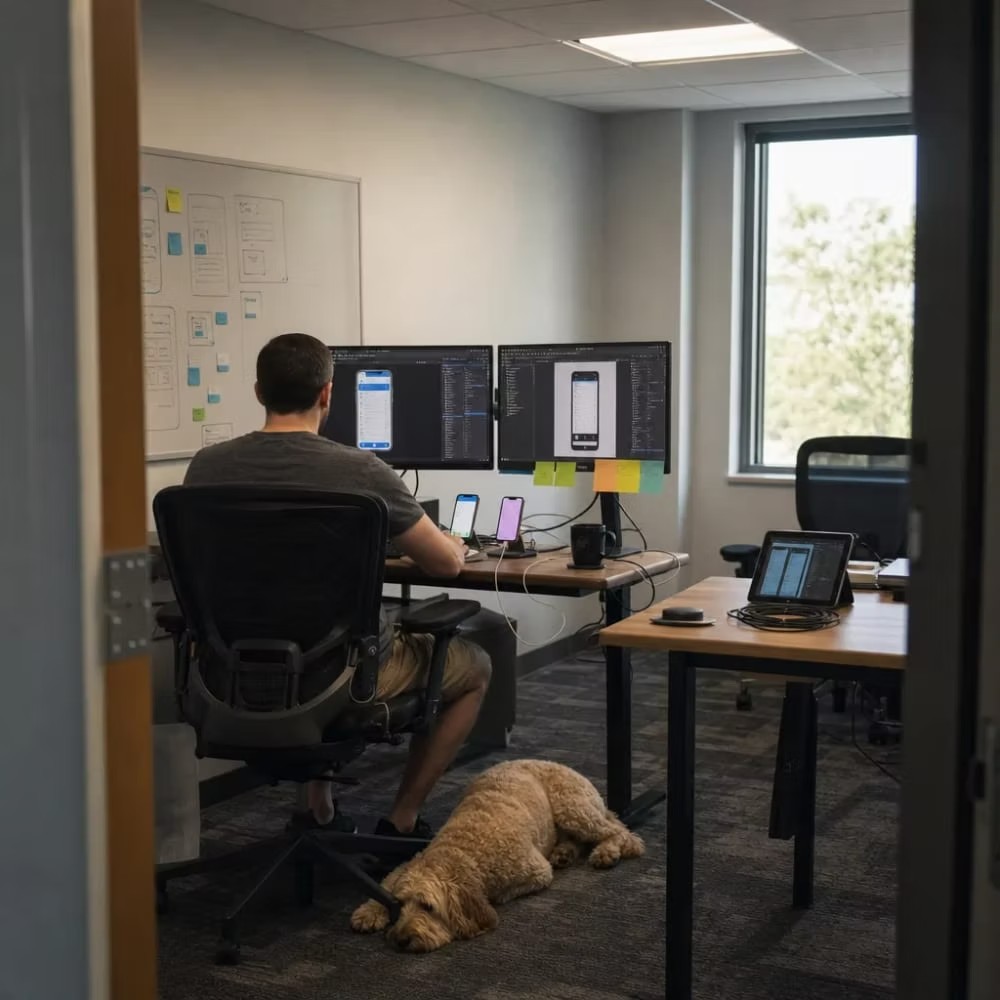A developer working at dual monitors in an office, with a dog resting under the desk